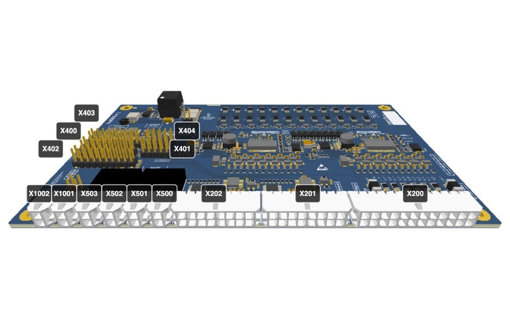 3D render of a battery management system PCB with labelled connectors