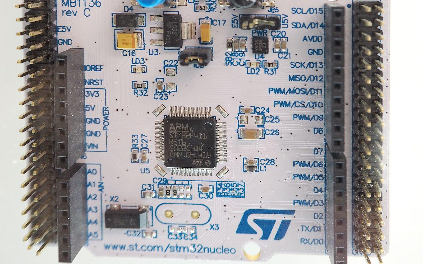 Close-up of an STM32 Nucleo microcontroller development board